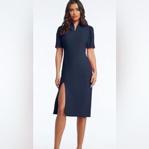 Dress The Population Gloria Front Zip Sheath Dress Midnight Blue Size Medium NWT